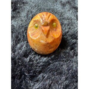 Italian Alabaster Round Orange  Marble Owl Sculpture With Intricate Detailing